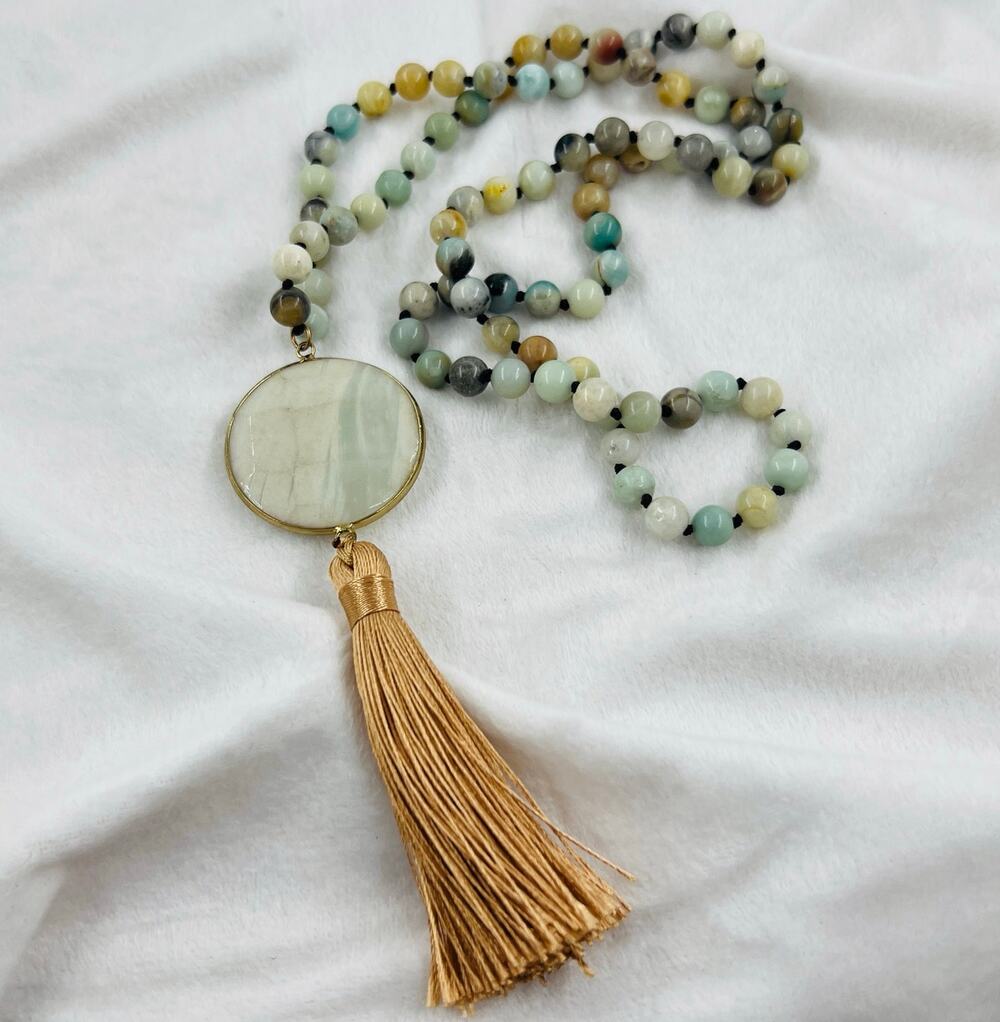 Natural Stone Hand Knotted Mala Style Necklace Stone Pendant Tassel Coastal Boho